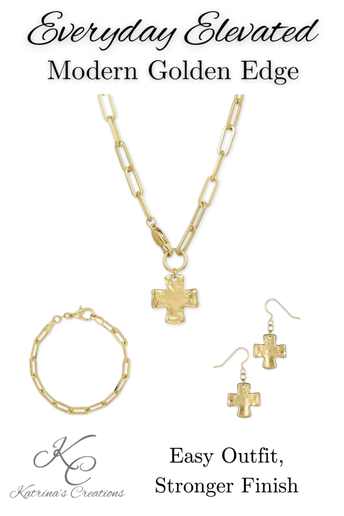 Gold jewelry set featuring a paperclip chain necklace with cross pendant, matching bracelet, and cross drop earrings styled for a modern everyday elevated look