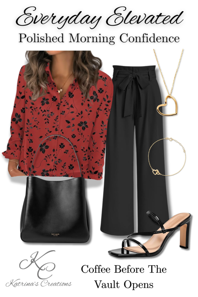 Business casual workday outfit for women featuring a red floral blouse, black tailored trousers, black heels, gold heart necklace, bracelet, and black handbag styled for office wear.