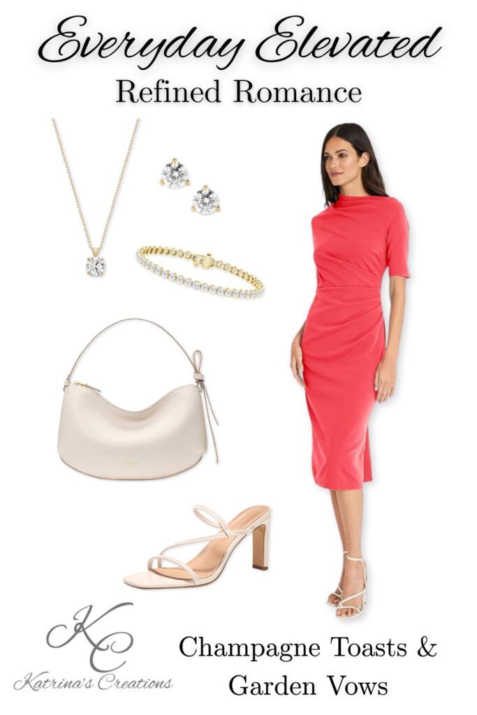 Coral midi dress styled for spring wedding guest outfit with gold jewelry, neutral heels, ivory shoulder bag, and elegant feminine accessories on a clean background
