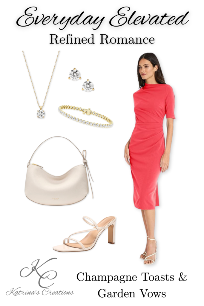 Coral midi dress styled for spring wedding guest outfit with gold jewelry, neutral heels, ivory shoulder bag, and elegant feminine accessories on a clean background