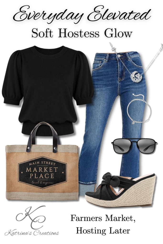 Farmers market outfit with black puff sleeve top, blue jeans, wedge sandals, tote bag, and sunglasses styled for casual hosting and everyday elevated fashion.