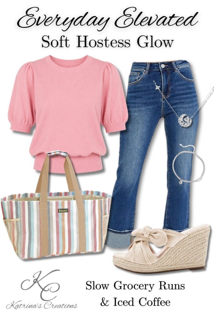 Soft hostess outfit with pink puff sleeve top, blue jeans, wedge sandals, striped tote bag, and delicate silver jewelry styled for casual entertaining and everyday elevated fashion.