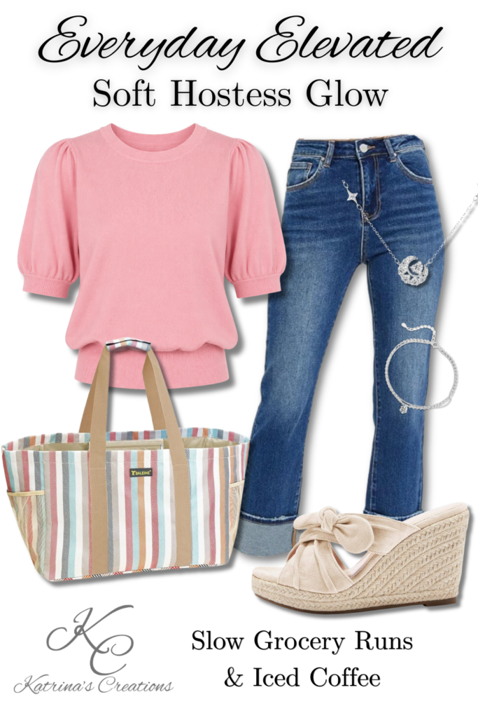 Soft hostess outfit with pink puff sleeve top, blue jeans, wedge sandals, striped tote bag, and delicate silver jewelry styled for casual entertaining and everyday elevated fashion.