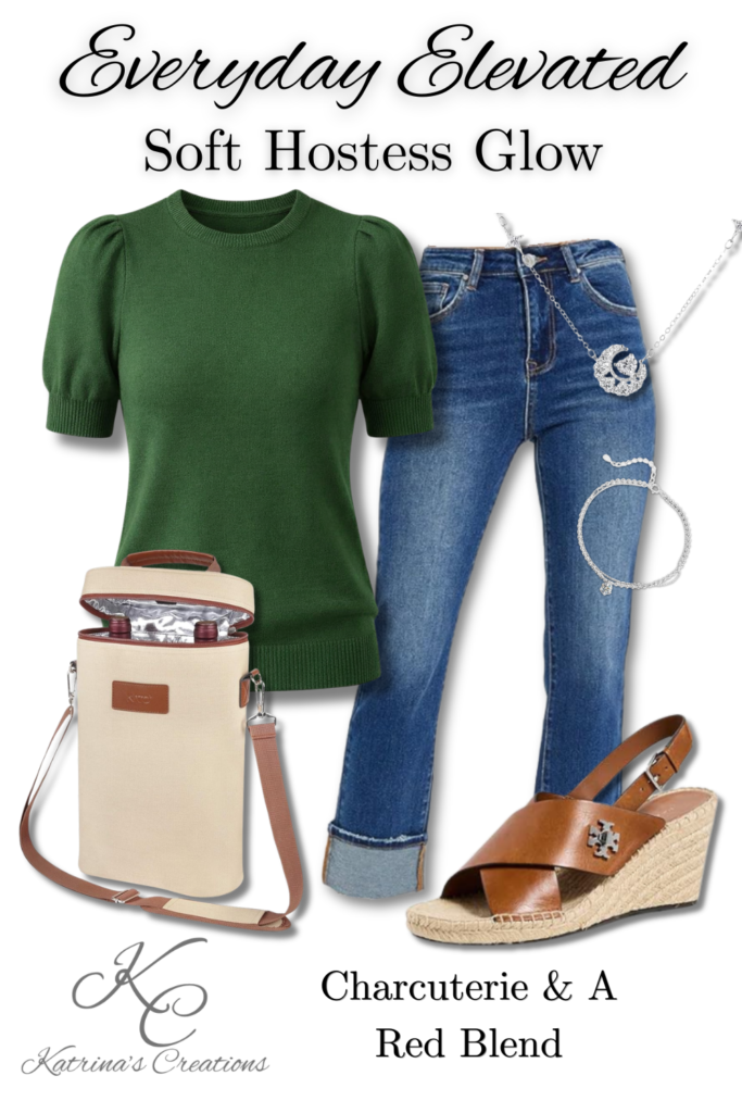 green knit top outfit with jeans wedge sandals casual hostess outfit idea charcuterie night look