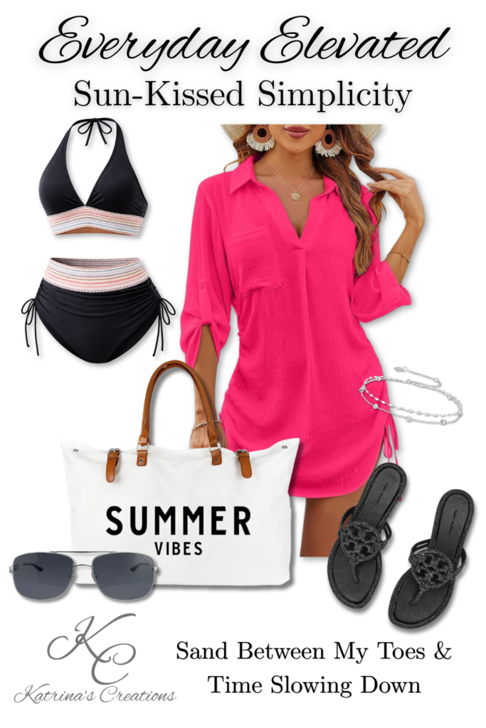 sun-kissed summer beach outfit idea with pink cover up dress black bikini set tote bag sandals and sunglasses beach vacation style