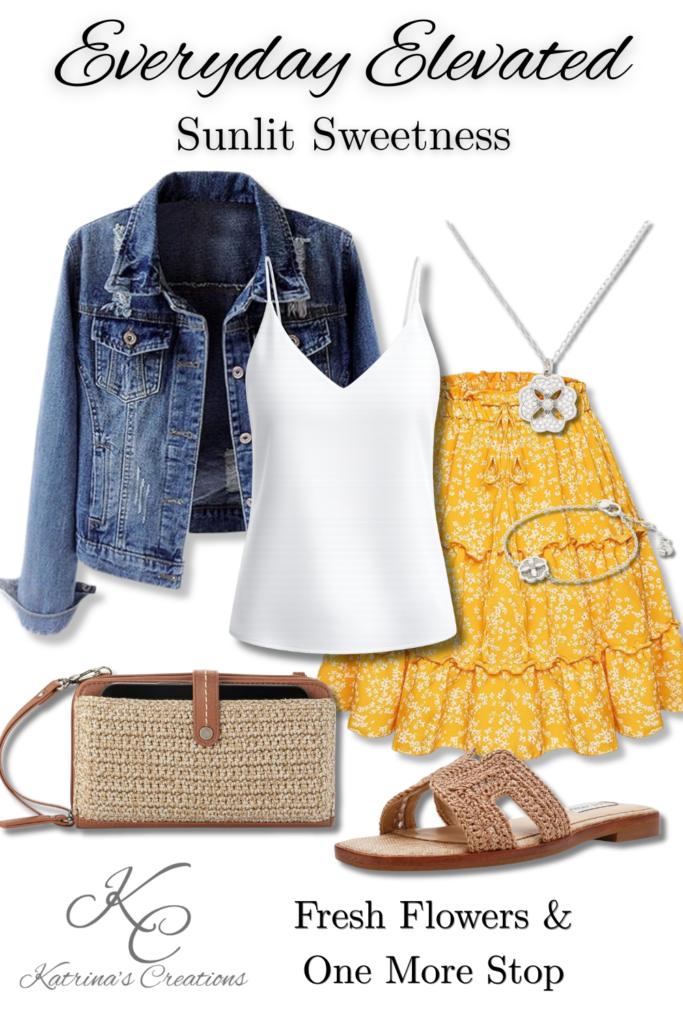 Flat lay style spring outfit collage featuring a white cami, yellow floral ruffle skirt, denim jacket, woven straw crossbody bag, tan flat sandals, and silver floral jewelry on a light background