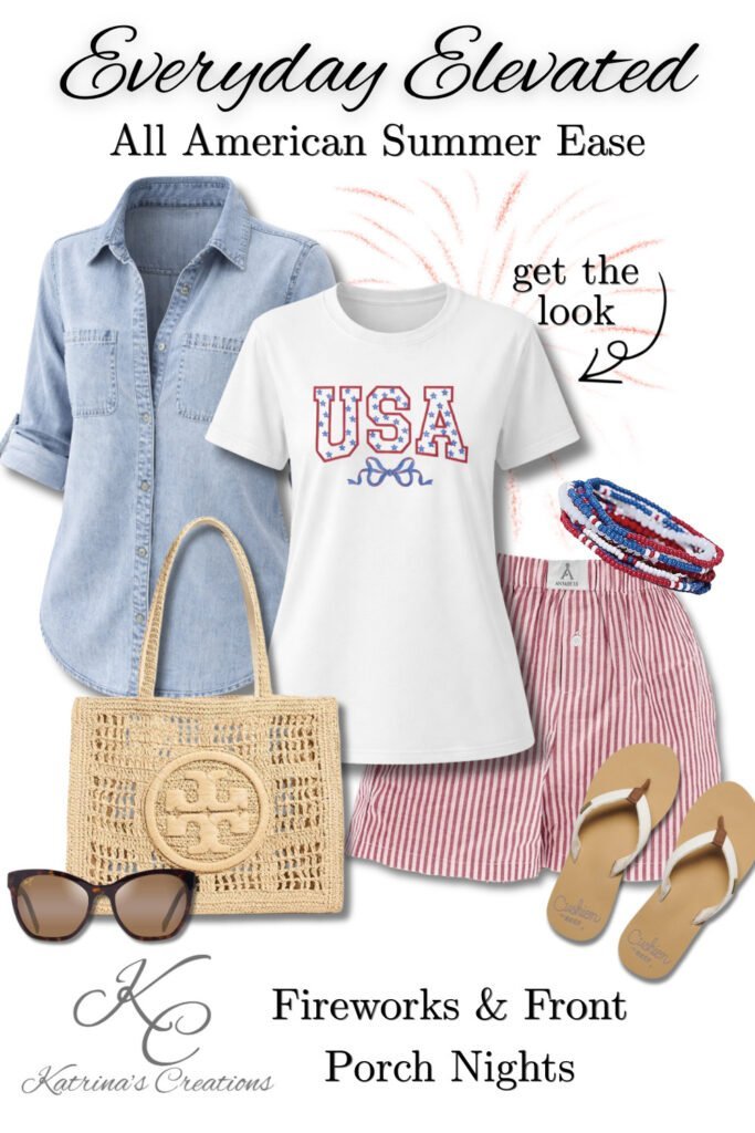 4th of July outfit idea with USA graphic tee, red striped shorts, denim button down shirt, straw tote bag, sandals, sunglasses, and red white blue accessories styled for summer