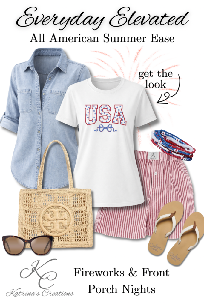 4th of July outfit idea with USA graphic tee, red striped shorts, denim button down shirt, straw tote bag, sandals, sunglasses, and red white blue accessories styled for summer