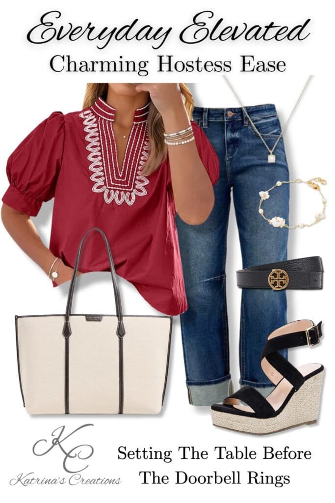 Casual hostess outfit idea with red embroidered blouse, blue jeans, wedge sandals, neutral tote bag, and gold accessories styled for hosting at home or brunch gatherings