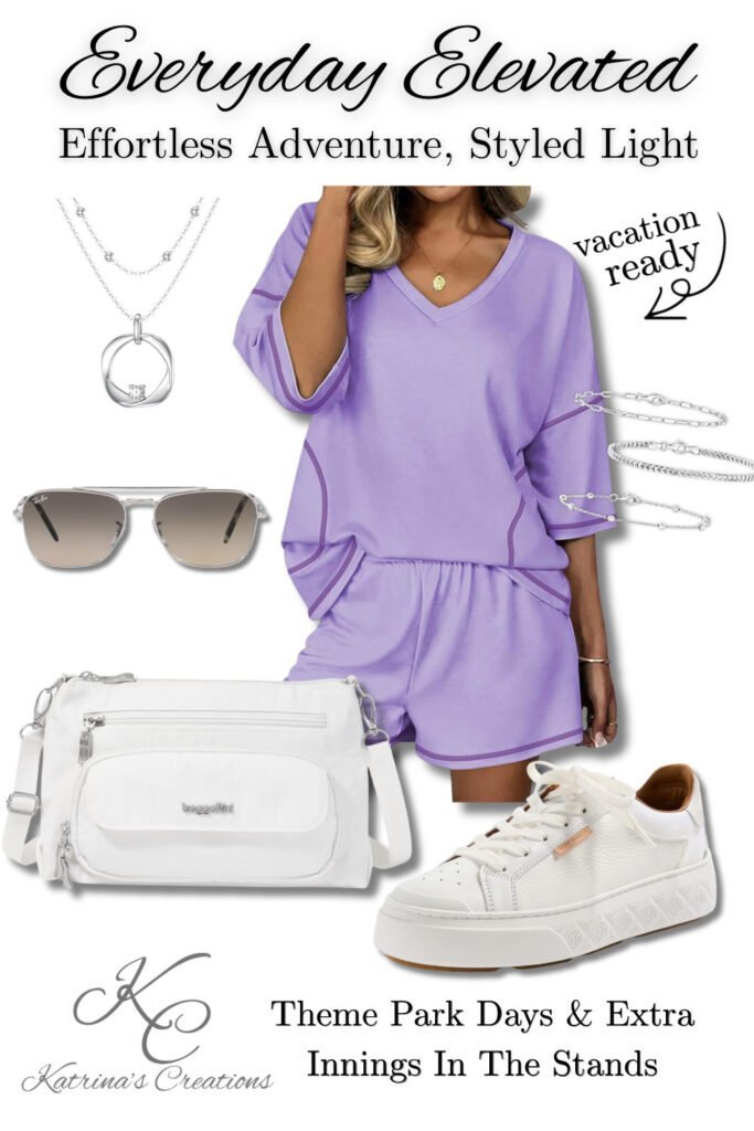 theme park outfit idea with purple matching set, white sneakers, crossbody bag, and casual accessories for all day walking and vacation style