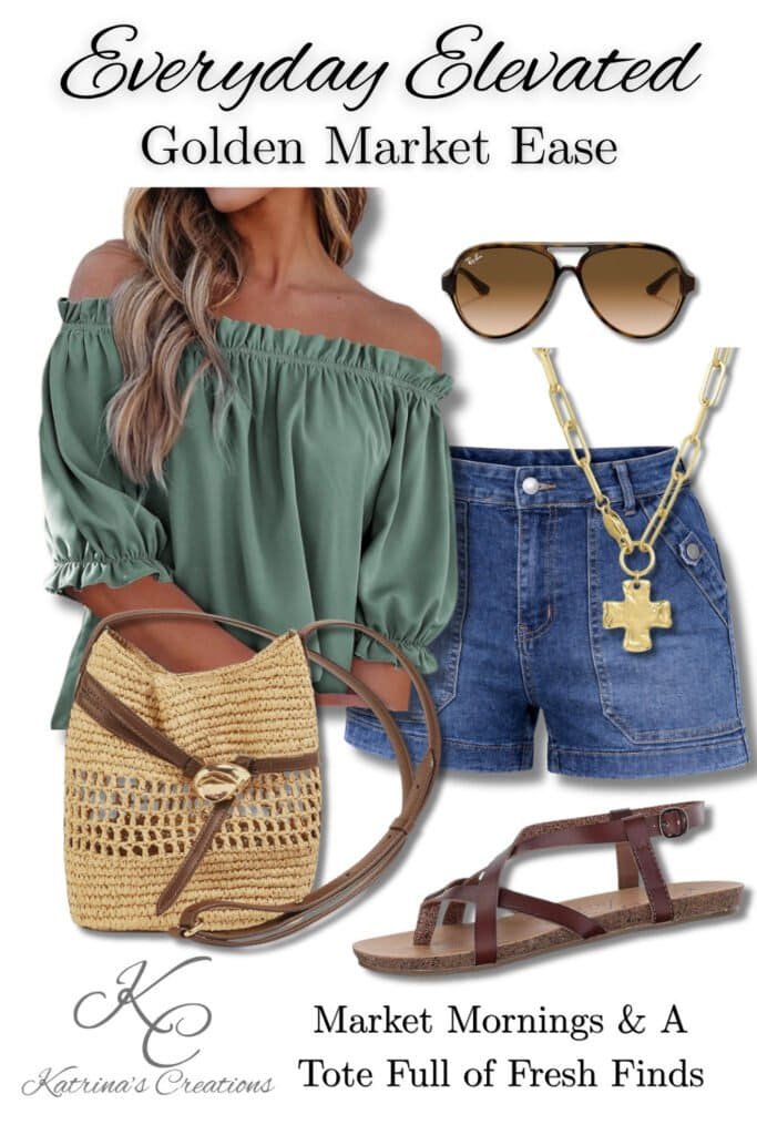 Farmers market outfit with green off shoulder top, denim shorts, woven straw bag, sandals, and gold jewelry for casual summer style