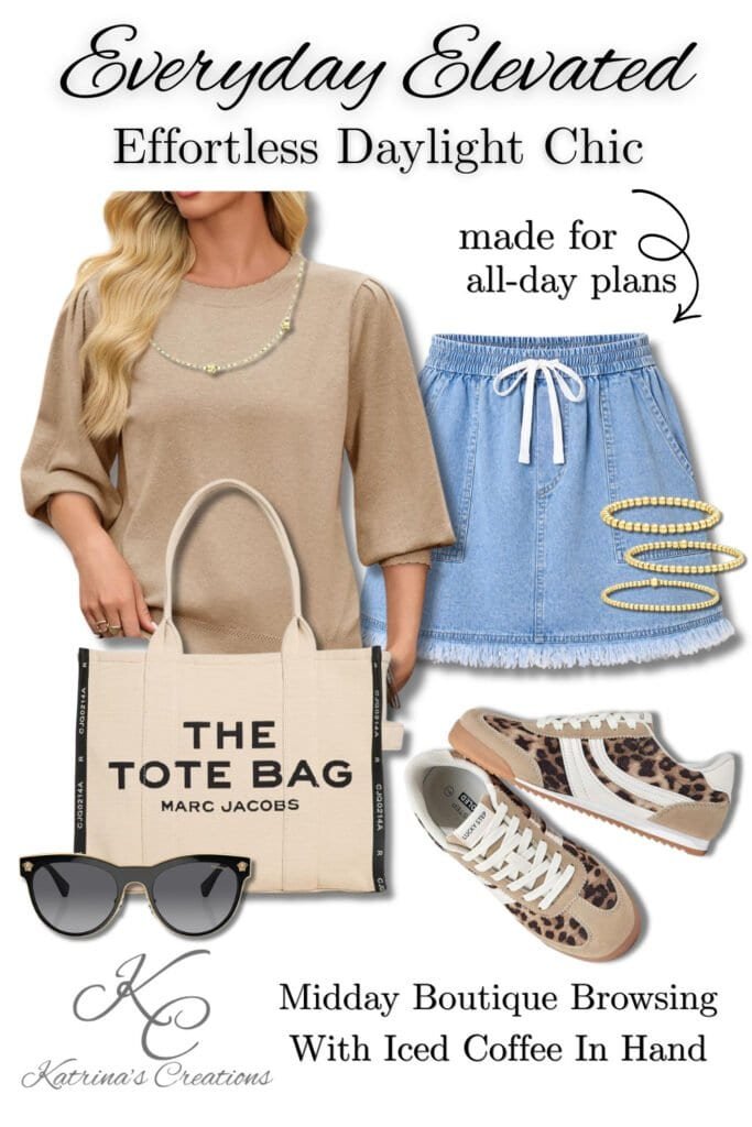 Effortless daylight chic outfit with beige sweater, denim mini skirt, leopard sneakers, Marc Jacobs tote bag, sunglasses, and gold jewelry styled for boutique browsing with iced coffee