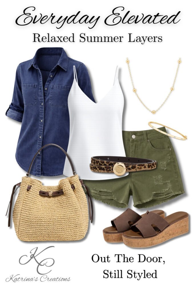 Casual summer outfit with denim shirt, white cami, olive distressed shorts, platform sandals, and woven handbag styled for everyday wear