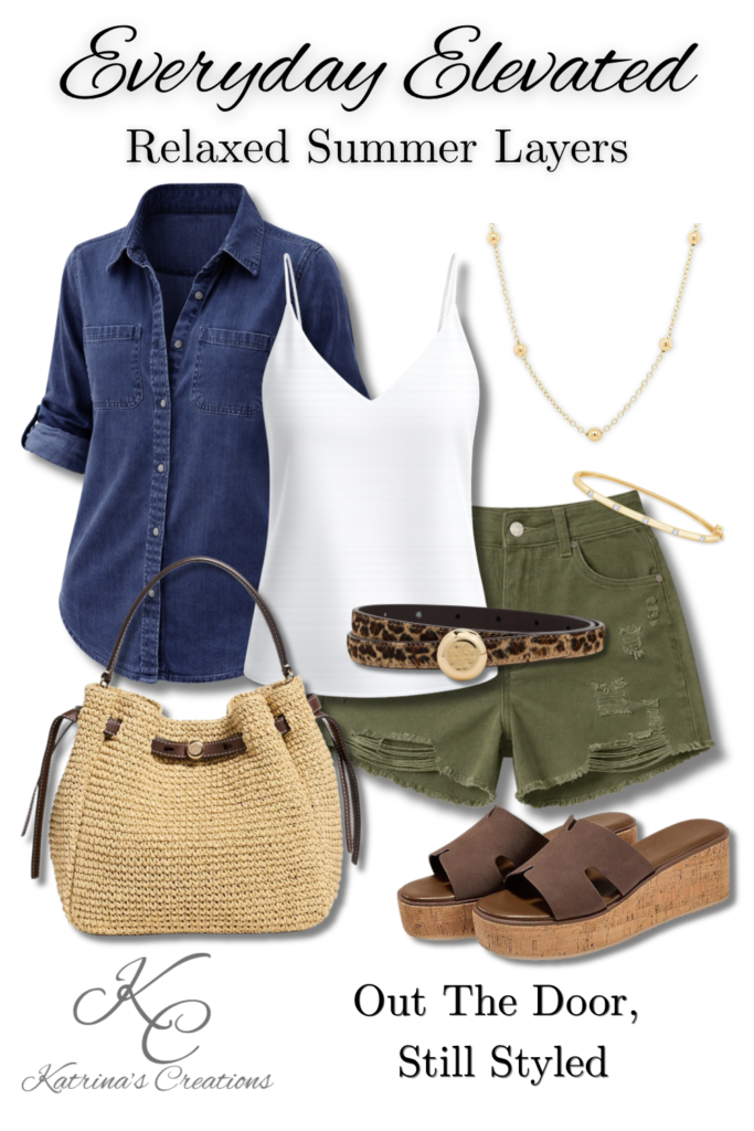 Casual summer outfit with denim shirt, white cami, olive distressed shorts, platform sandals, and woven handbag styled for everyday wear