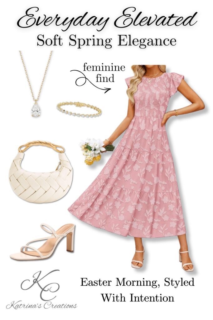 Pink floral midi dress styled with nude heels, woven clutch purse, and gold jewelry for an elegant Easter brunch outfit or church outfit