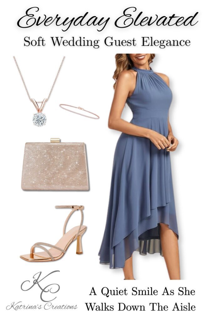 soft wedding guest outfit idea with dusty blue dress heels clutch and jewelry elegant wedding guest style