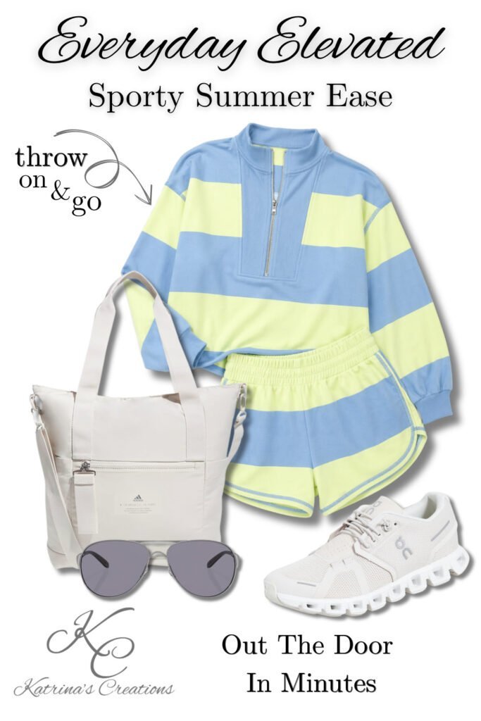 athleisure summer outfit set with striped pullover shorts sneakers tote bag and sunglasses for casual everyday style
