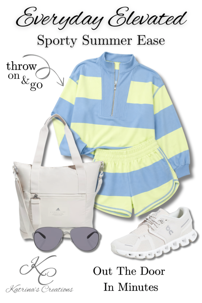 athleisure summer outfit set with striped pullover shorts sneakers tote bag and sunglasses for casual everyday style