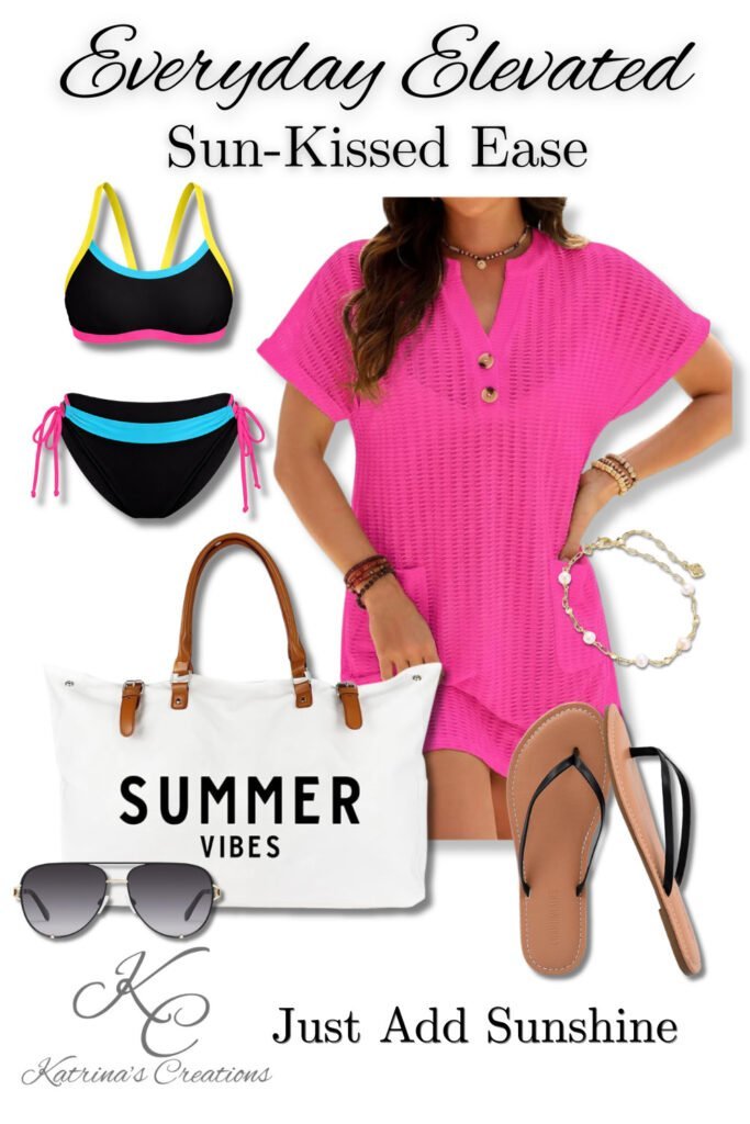 pink summer romper outfit with bikini tote bag flip flops and sunglasses for beach vacation style
