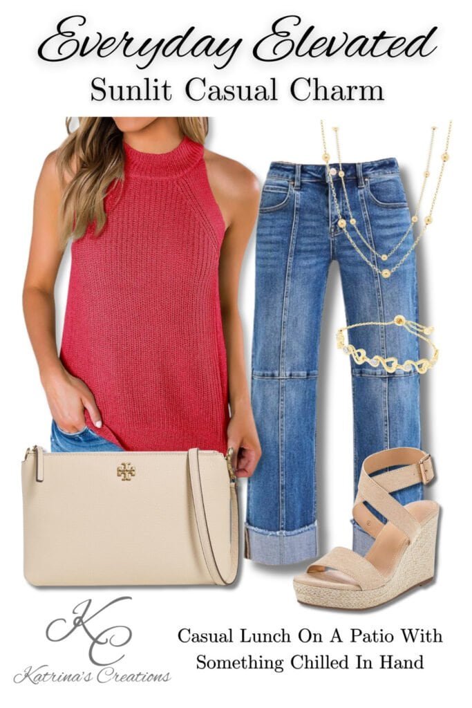 Casual summer outfit idea with coral knit tank top, cropped blue jeans, neutral wedge sandals, beige crossbody bag, and gold jewelry styled for a patio lunch look