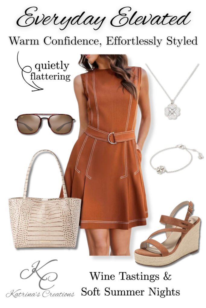 Rust-colored sleeveless dress styled with wedge sandals, woven tote, sunglasses, and delicate jewelry for a wine tasting summer outfit