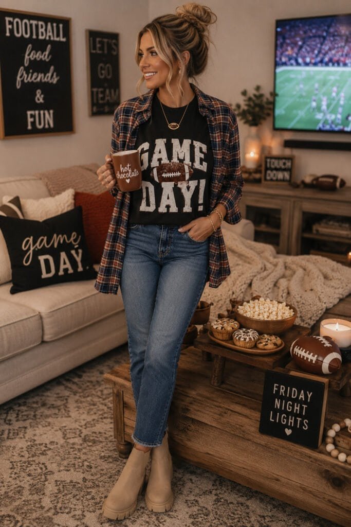 Football game day outfit featuring a black graphic tee layered with a plaid flannel shirt, straight leg denim jeans, neutral ankle boots, football jewelry, and a beige handbag styled for cozy fall bleacher nights and casual autumn weekends.