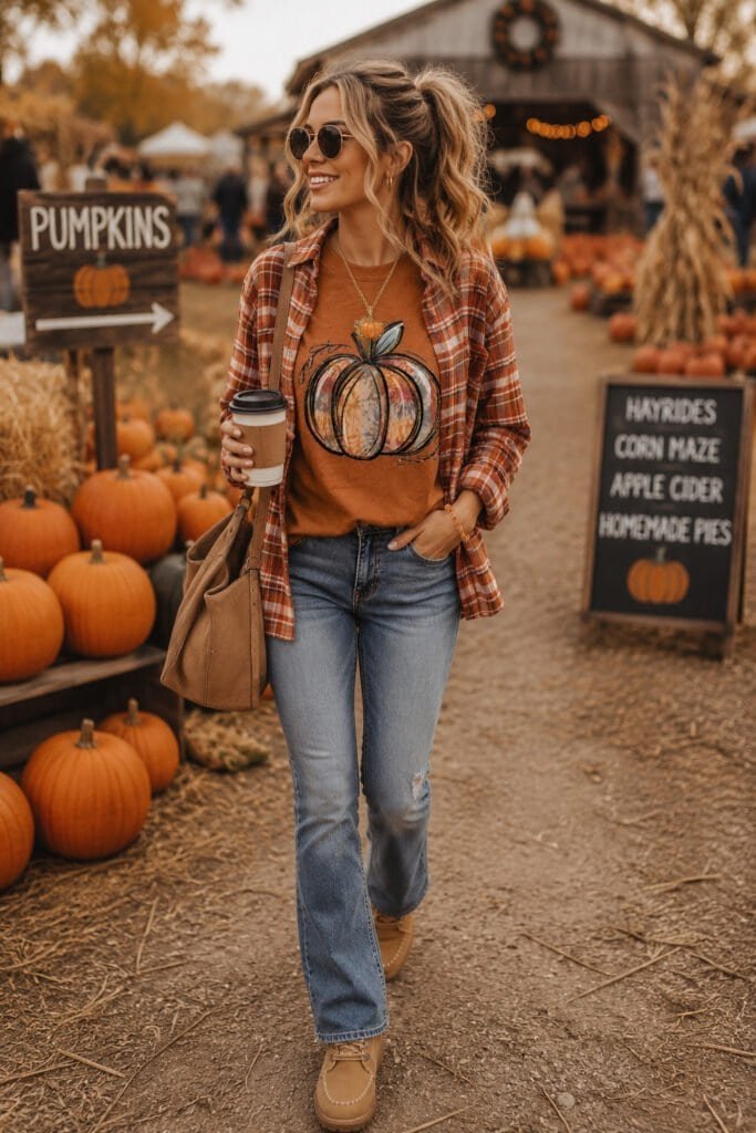 cozy pumpkin graphic t-shirt layered with a plaid flannel, light wash denim jeans, neutral lace-up boots, and gold pumpkin jewelry