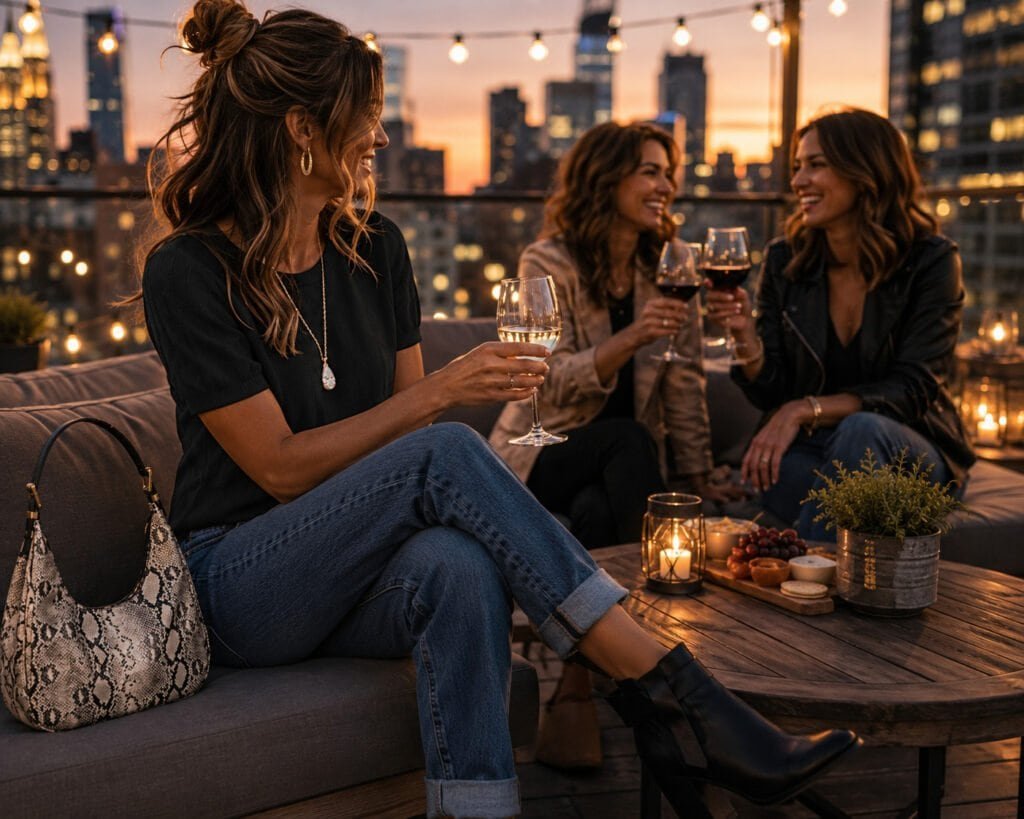 Casual luxe fall outfit featuring a black textured short-sleeve sweater, cuffed denim jeans, black ankle booties, snakeskin shoulder bag, crystal pendant necklace, and gold bracelet styled for rooftop drinks and fall evenings.