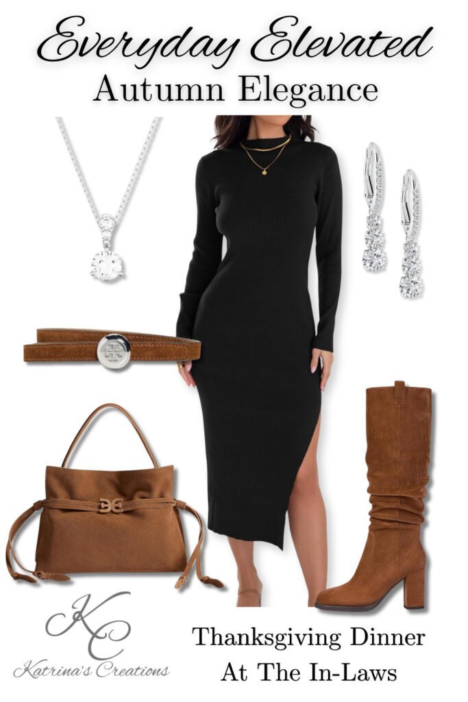 Black ribbed midi sweater dress styled with cognac knee-high boots, matching handbag, brown belt, diamond pendant necklace, and drop earrings for a Thanksgiving dinner outfit and elegant fall fashion look.