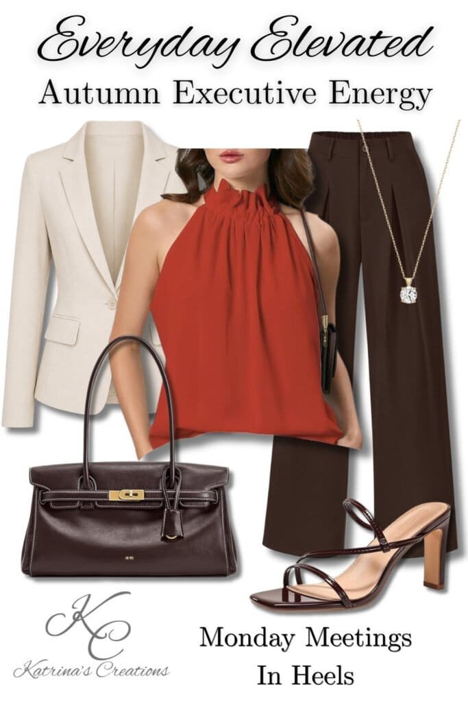 Autumn executive outfit idea featuring a rust sleeveless blouse, cream blazer, brown tailored trousers, brown heels, structured handbag, and gold jewelry styled for elevated fall workwear and Monday meetings.