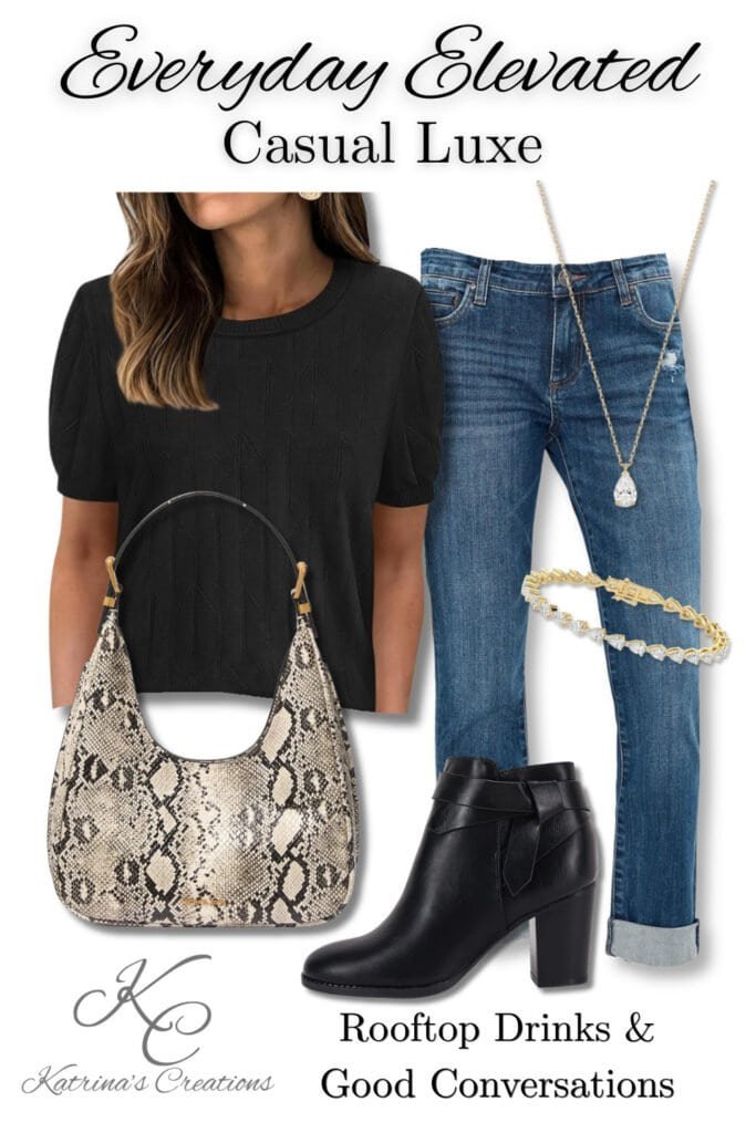 Casual luxe fall outfit featuring a black textured short-sleeve sweater, cuffed denim jeans, black ankle booties, snakeskin shoulder bag, crystal pendant necklace, and gold bracelet styled for rooftop drinks and fall evenings.