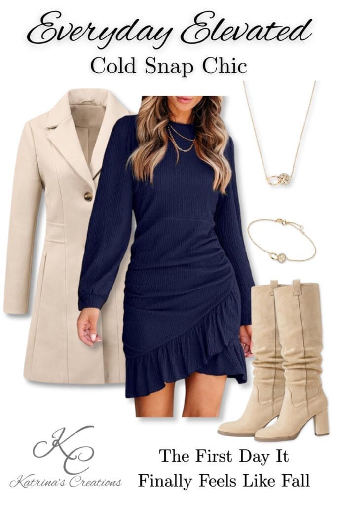 Navy long sleeve sweater dress styled with cream knee-high boots, neutral coat, gold jewelry, and beige handbag for a chic cold weather fall outfit idea.