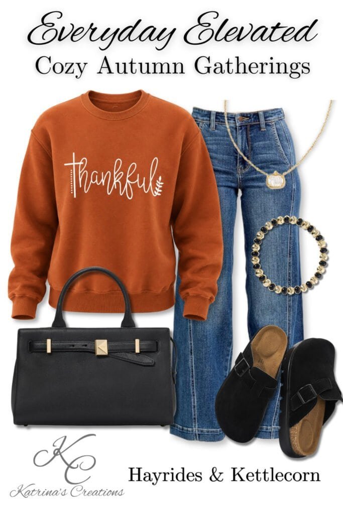 Thankful pumpkin-colored sweatshirt styled with wide-leg denim jeans, black clogs, black handbag, pumpkin necklace, and beaded bracelet for a cozy fall festival outfit.