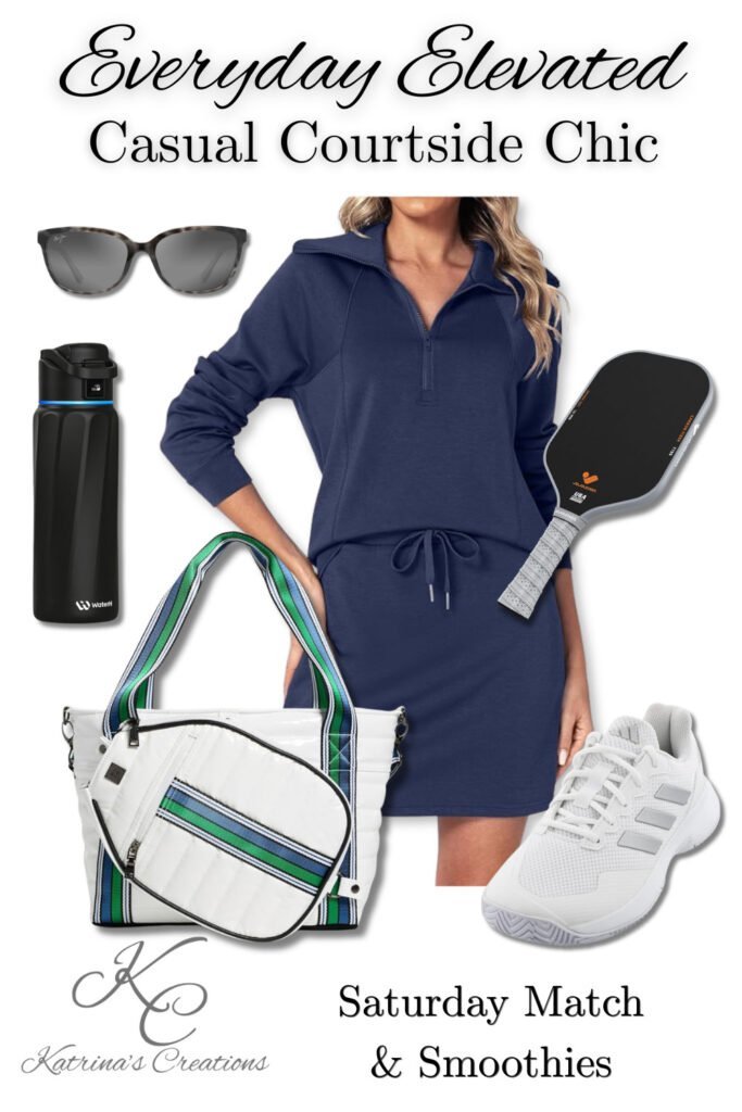 Pickleball outfit featuring a navy sporty dress, white athletic sneakers, striped pickleball tote bag, black water bottle, oversized sunglasses, and pickleball paddle styled for casual courtside weekends and sporty everyday fashion.