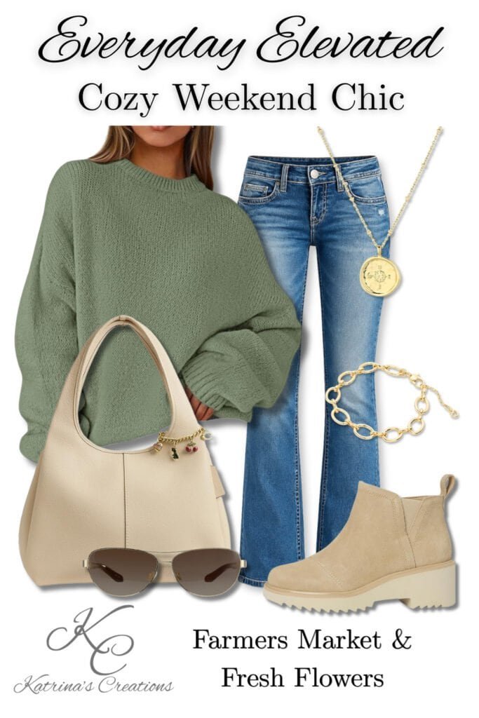 Woman’s casual fall farmers market outfit featuring a soft sage green oversized sweater, medium wash flare jeans, cream ankle booties, cream handbag, gold jewelry, and sunglasses styled for cozy autumn weekends and fresh flower shopping.