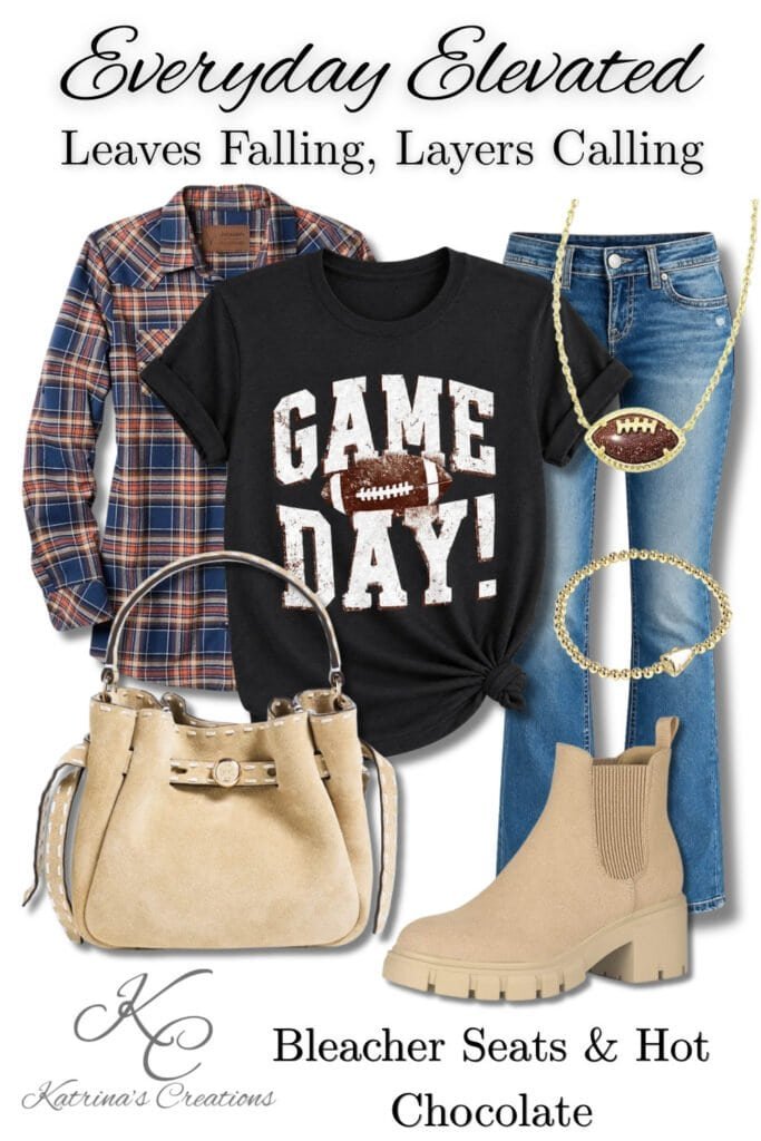Football game day outfit featuring a black graphic tee layered with a plaid flannel shirt, straight leg denim jeans, neutral ankle boots, football jewelry, and a beige handbag styled for cozy fall bleacher nights and casual autumn weekends.
