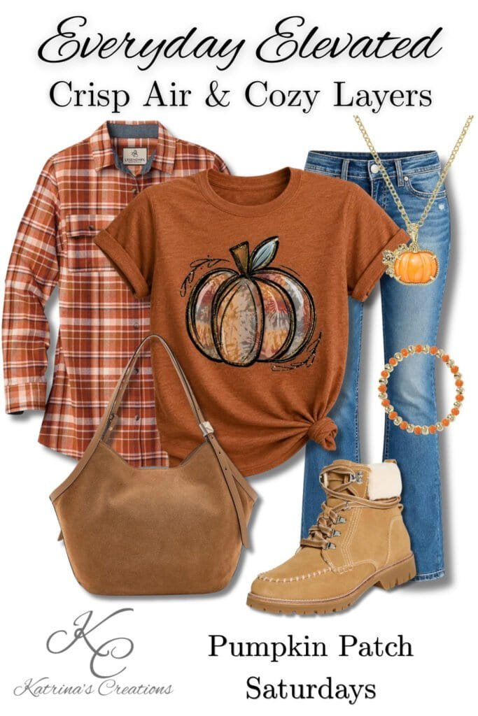 Pumpkin patch outfit ideas featuring pumpkin graphic t-shirt layered with a plaid flannel, light wash denim jeans, neutral lace-up boots, and gold pumpkin jewelry 