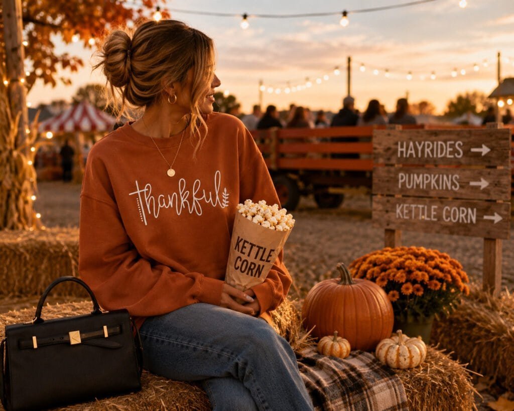 Thankful pumpkin-colored sweatshirt styled with wide-leg denim jeans, black clogs, black handbag, pumpkin necklace, and beaded bracelet for a cozy fall festival outfit.