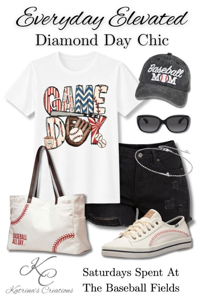 Baseball mom outfit idea featuring a white game day graphic tee, distressed black shorts, baseball sneakers, tote bag, sunglasses, and casual accessories for Saturdays at the baseball fields.