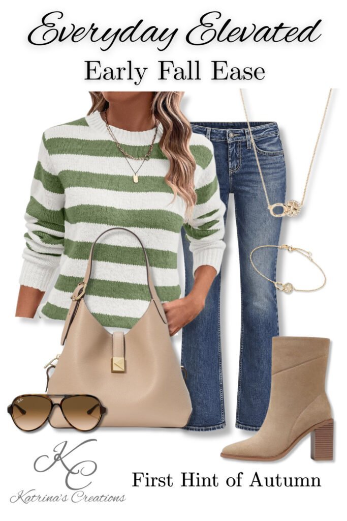 Striped green sweater outfit with denim jeans, neutral handbag, ankle boots, and gold jewelry styled for early fall transitional fashion inspiration.