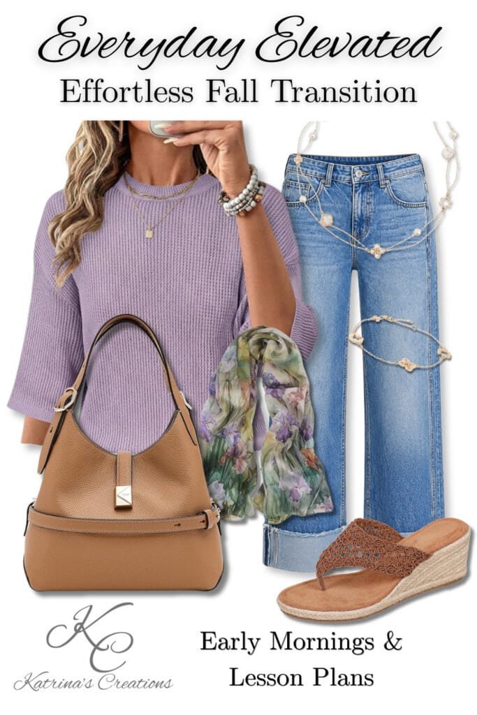 Effortless fall transition outfit collage featuring a lavender knit sweater, cuffed light wash jeans, floral scarf, woven wedge sandals, layered gold jewelry, and a neutral tan handbag styled for early mornings, lesson plans, coffee runs, and elevated everyday fall fashion.