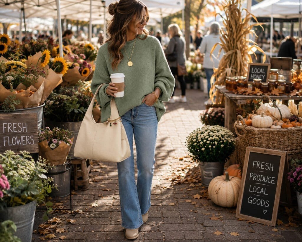 Woman’s casual fall farmers market outfit featuring a soft sage green oversized sweater, medium wash flare jeans, cream ankle booties, cream handbag, gold jewelry, and sunglasses styled for cozy autumn weekends and fresh flower shopping.