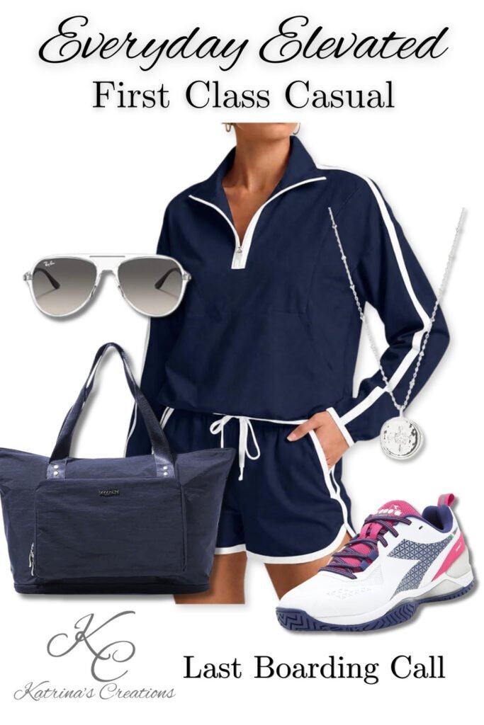 Woman’s airport travel outfit featuring a navy matching lounge set, travel tote bag, white and pink athletic sneakers, silver aviator sunglasses, and silver pendant necklace styled for comfortable travel day fashion.