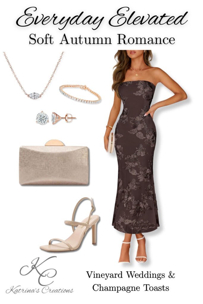 Elegant vineyard wedding guest outfit collage featuring a strapless floral midi dress, neutral strappy heels, champagne clutch, rose gold jewelry, and soft romantic styling for summer and early fall weddings.