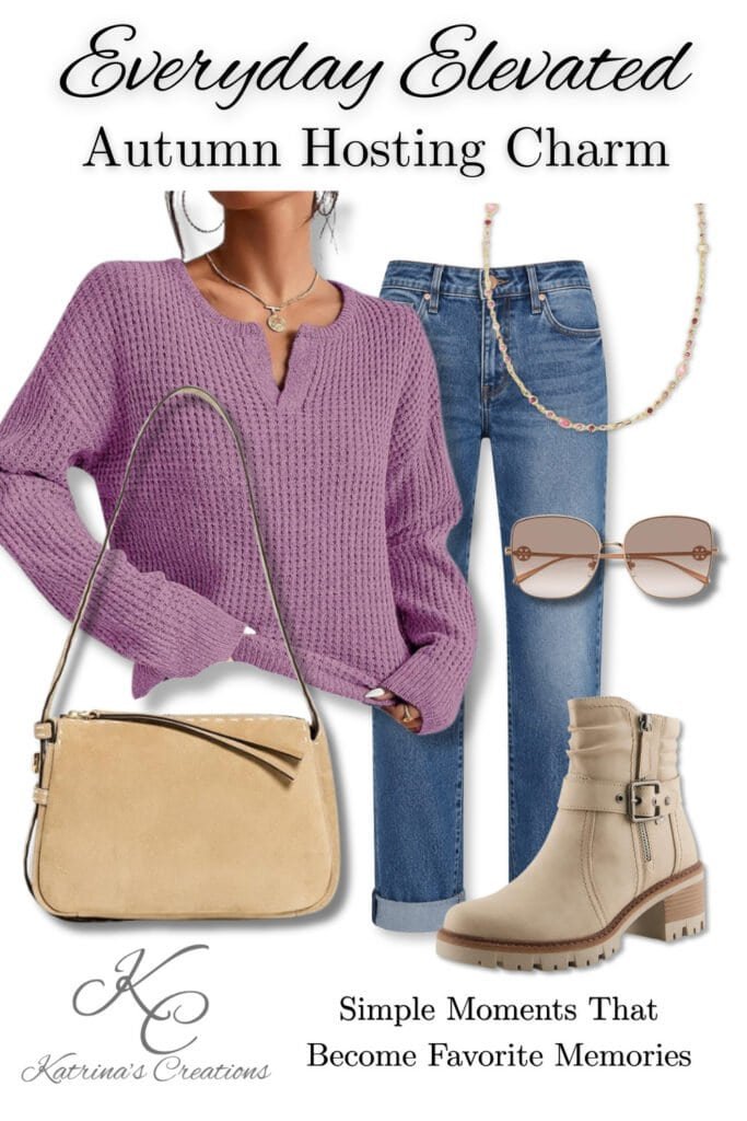 Woman wearing a soft mauve waffle knit sweater styled with cuffed blue jeans, cream ankle boots, neutral handbag, sunglasses, and delicate pink jewelry for a casual fall hosting outfit.