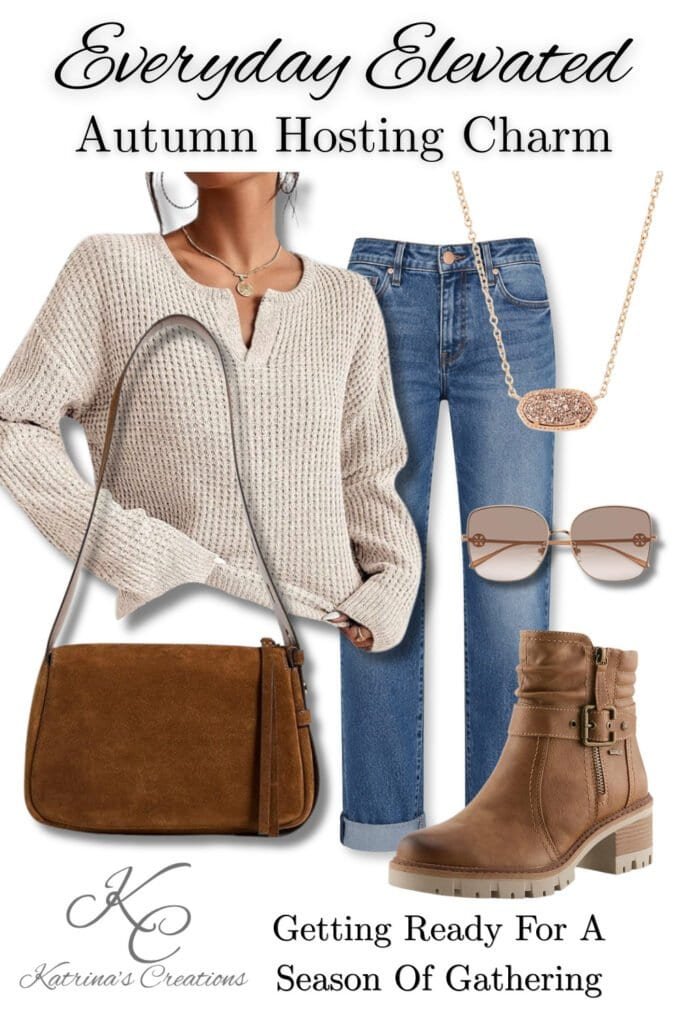 Casual fall hosting outfit with sweater and jeans