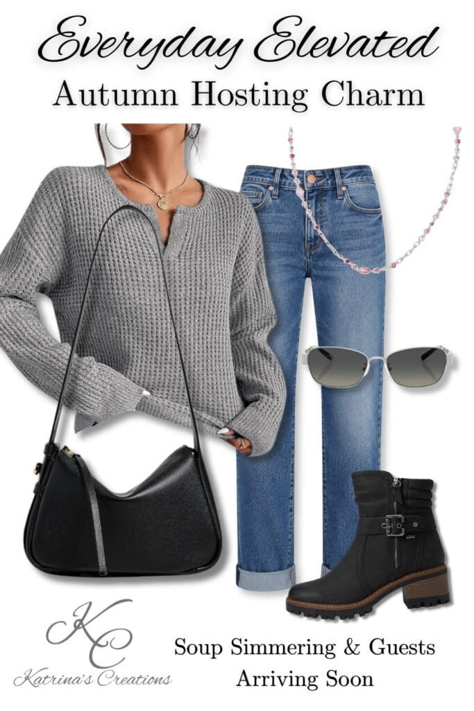 Casual fall hosting outfit with sweater and jeans