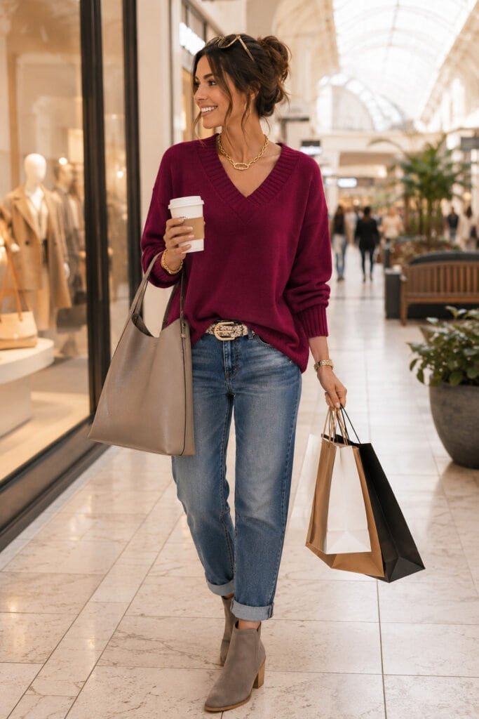 Woman wearing a berry v-neck sweater styled with cuffed blue jeans, taupe ankle boots, a neutral tote bag, gold jewelry, and a patterned belt for a casual weekend outfit perfect for lunch with friends and shopping.