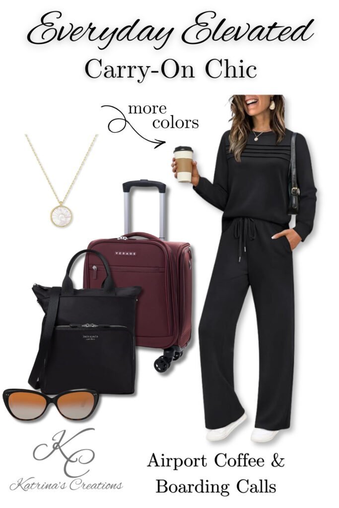 Women’s airport travel outfit featuring a black lounge set, white sneakers, burgundy carry-on suitcase, black travel tote, sunglasses, and gold pendant necklace styled for comfortable and chic travel days.
