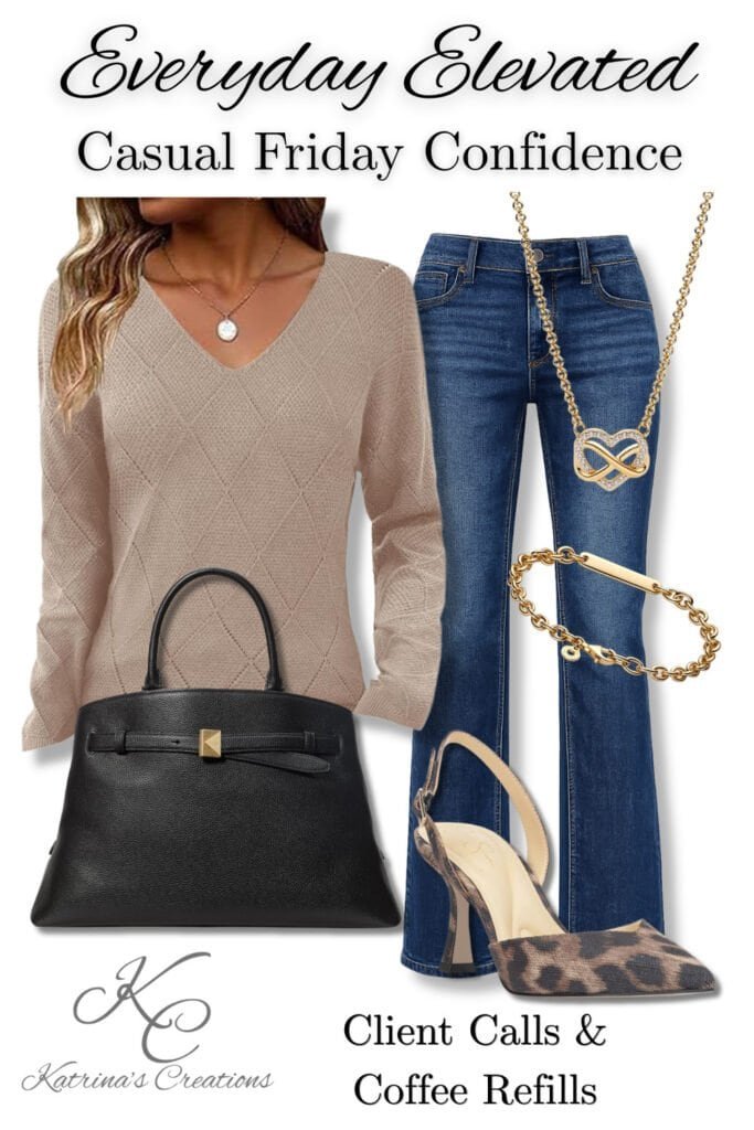 Neutral casual Friday work outfit featuring a beige textured sweater, dark wash flare jeans, leopard print heels, black structured handbag, gold heart necklace, and gold bracelet styled for office wear.